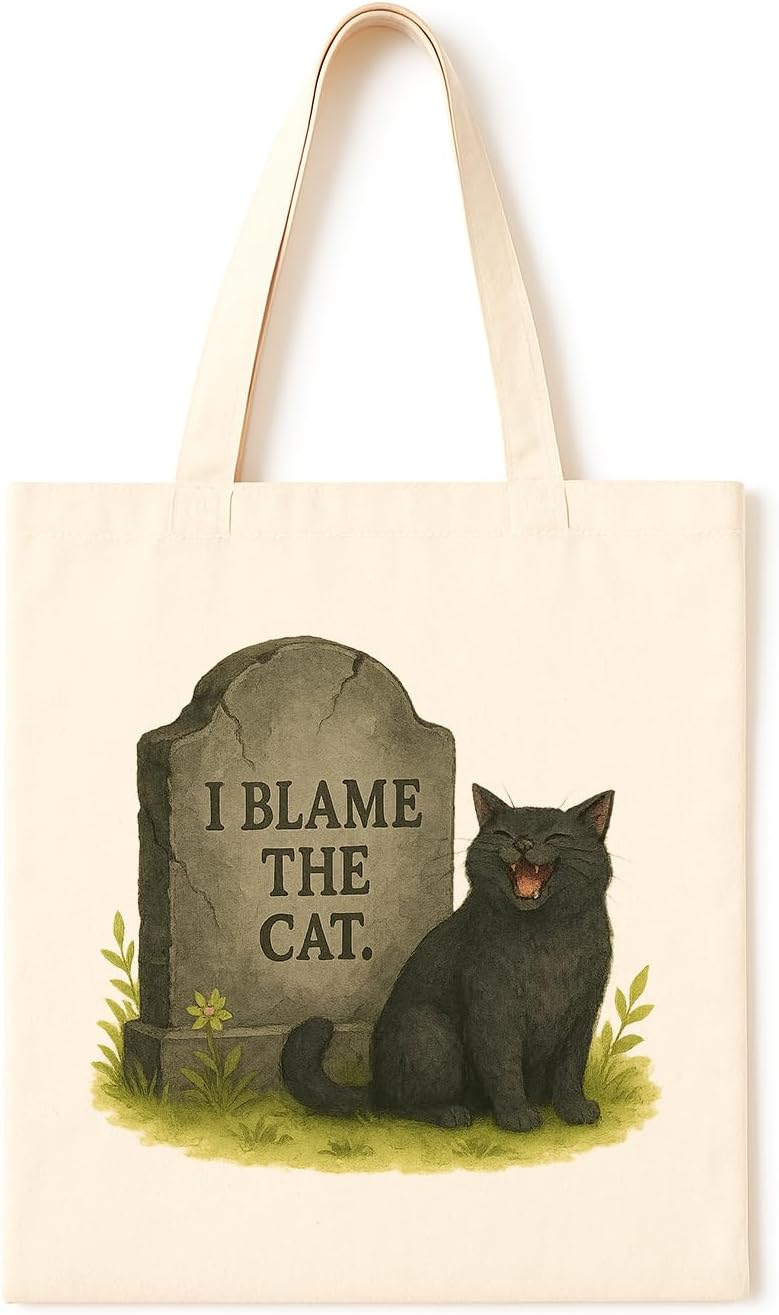TOTE BAG Blame the Cat Tombstone ~ Grinning black cat with sarcastic gravestone, spooky funny tote for cat lovers and fans of witchy mischief.