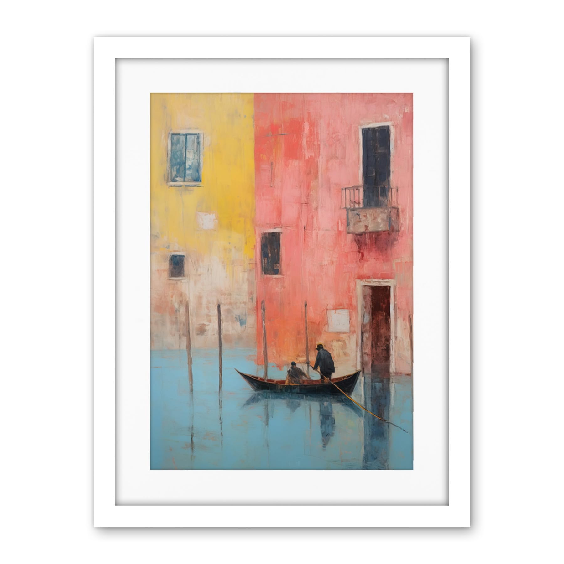 Artery8 Venice Canal Gondola Ride Oil Painting Blue Pink Yellow Pastel Colour Rower Boat on River Artwork Framed Wall Art Print 18X24 Inch