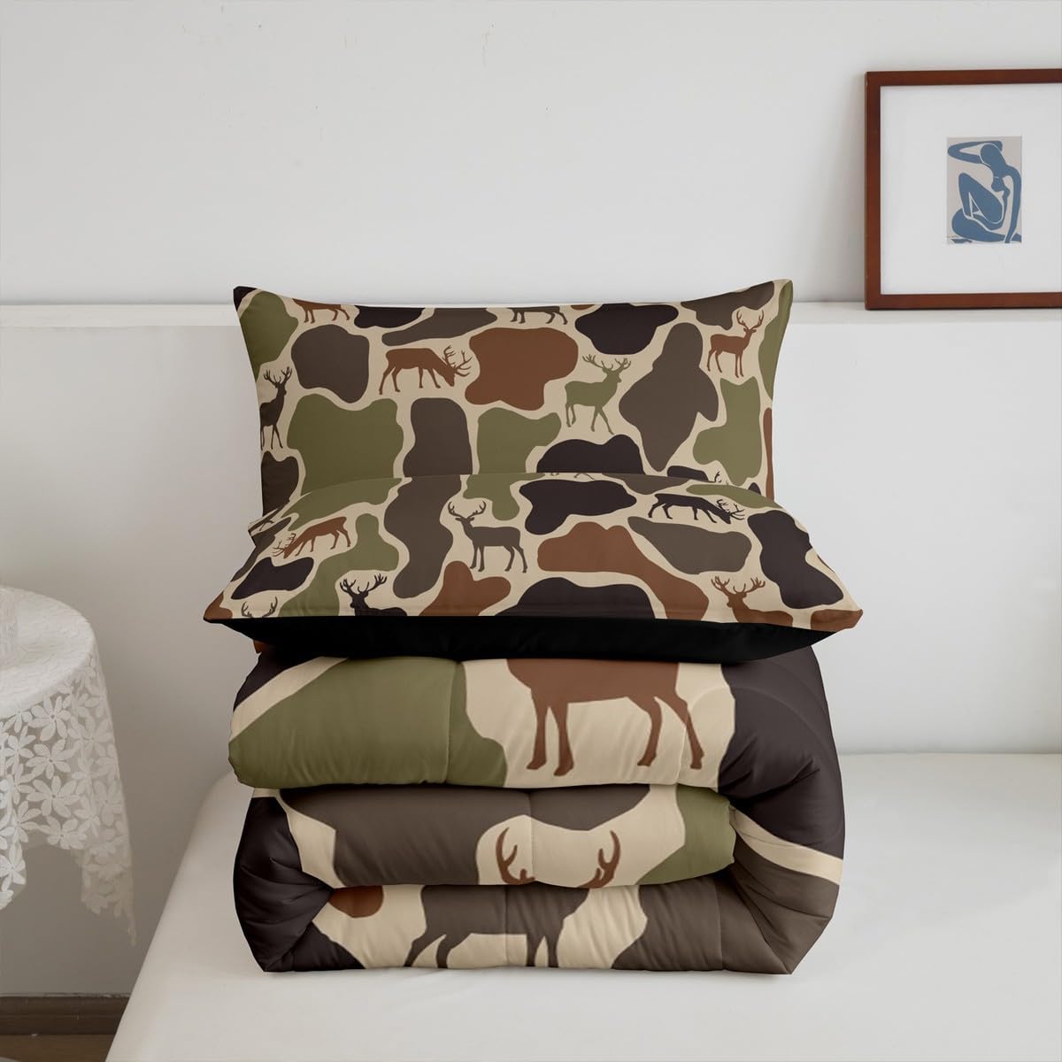Erosebridal Camo Deer Bedding Set Full Camouflage Hunting Deer Comforter Set for Kids Girls Women Green Military Army Camo Down Comforter Country Hunter Wildlife Bed Set Bedroom Decor