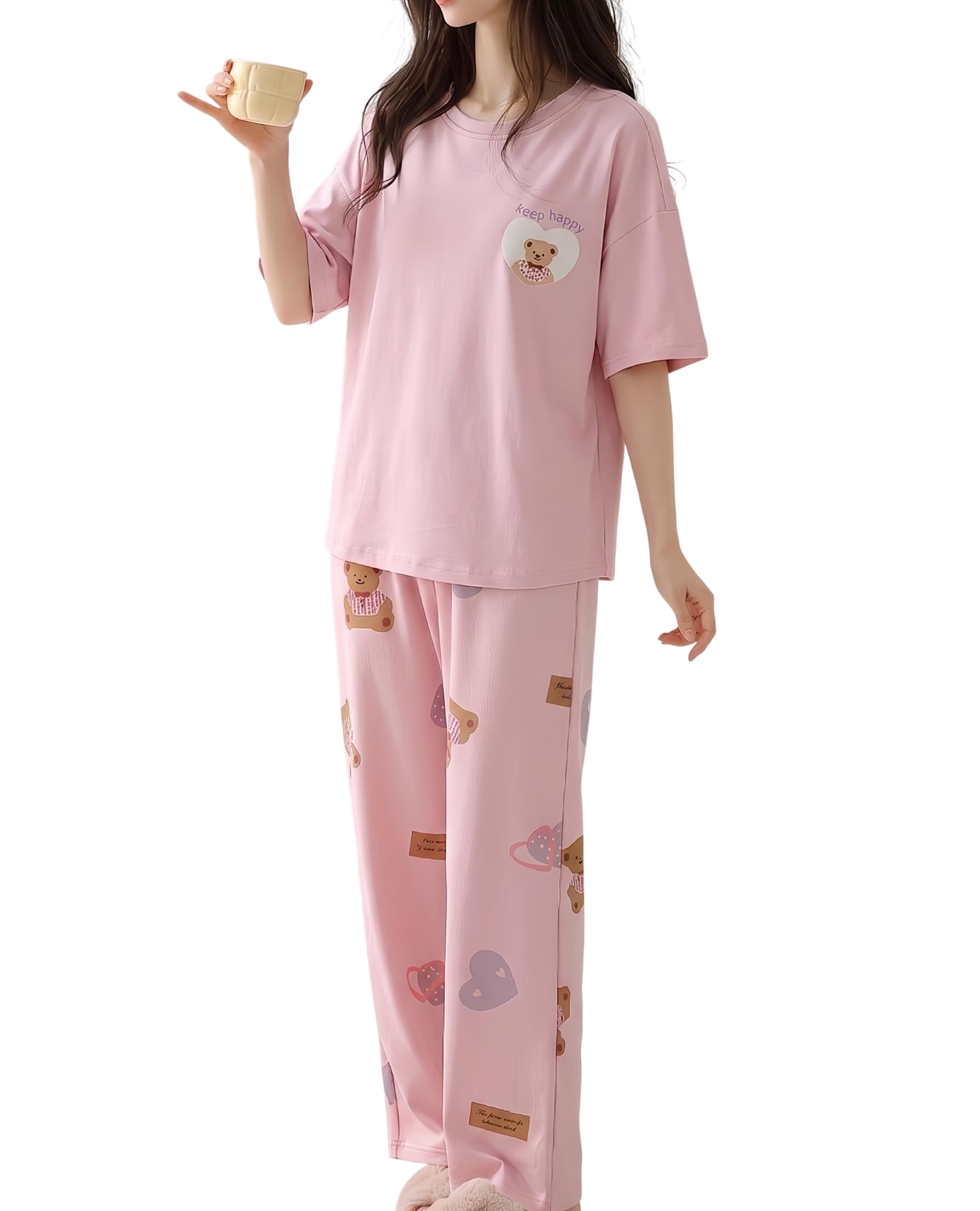 fery london Women’s Korean Style Looper Fabric Nightsuit Set | Cute Print Half Sleeve T-Shirt & Pajama Set | Soft Comfortable Nightwear & Loungewear for Women-picture-28