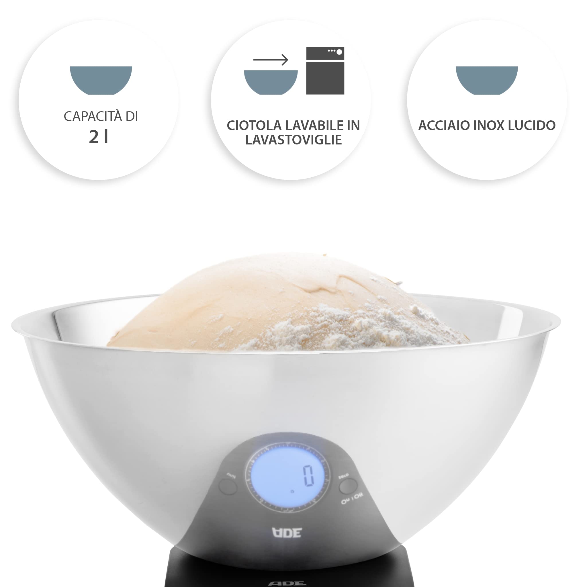 ADE Bilancia da Cucina Digitale con Vasca - Bilancia da Cucina Tosca | Bilancia Elettronica con Vasca Inox Estraibile | 5 kg Acciaio inox