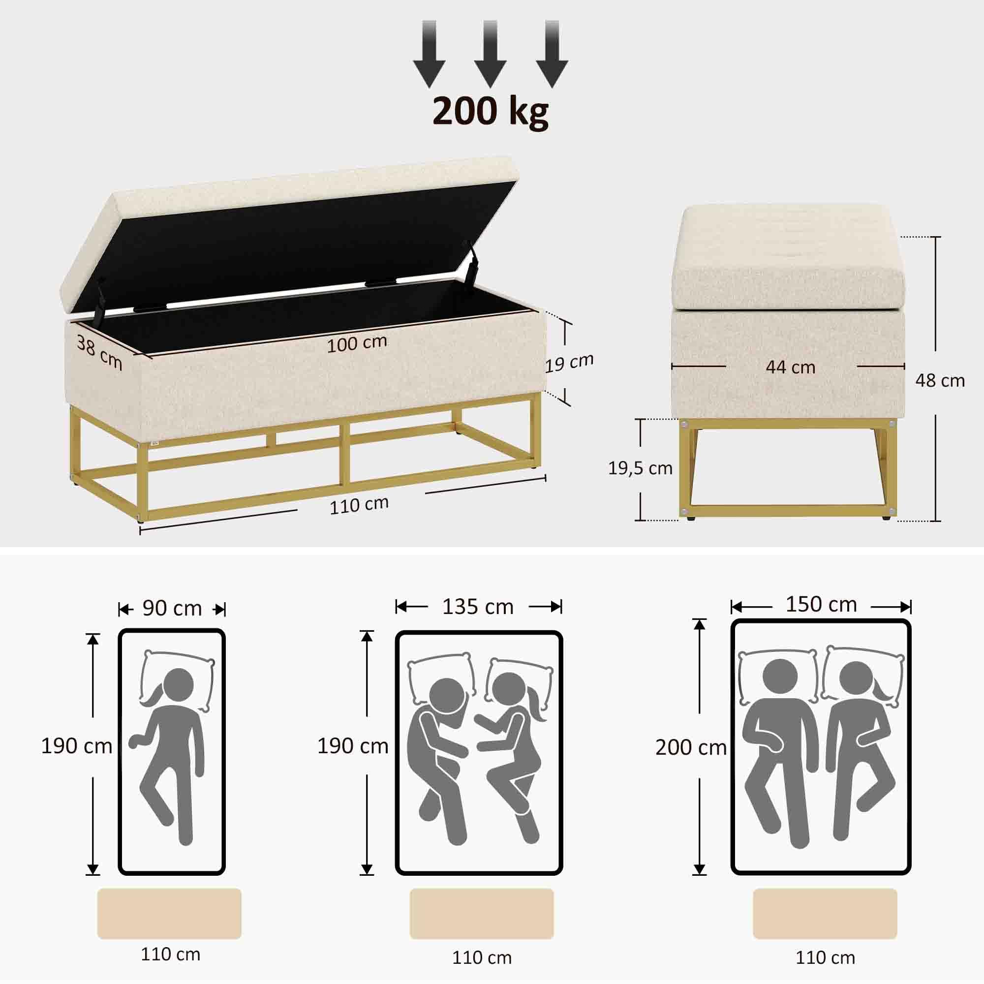 HOMCOM Banc de Rangement, Bout de lit, Coffre de Rangement avec Assise capitonnée et Pieds en Acier, 110 x 44 x 48 cm, Beige et doré