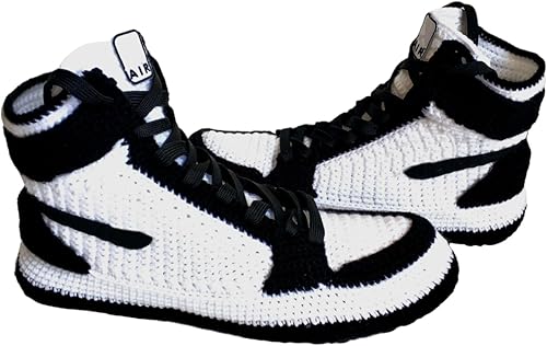 Handmade Jordan Zebra Crochet Basketball Slippers, Retro Knitted Plush High-Top Shoes, Cozy Unisex Indoor Booties, Soft Warm House Boots, Men - Women