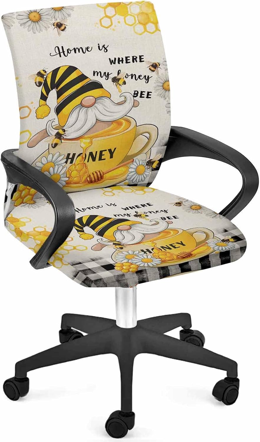 Honey Gnomes Office Chair Covers with Armrest Covers, Rotating Chair Cover, Spring Floral Yellow Summer Bee Black Plaid Gaming Chair Slipcovers with Elastic Bottom for Armchair, Medium