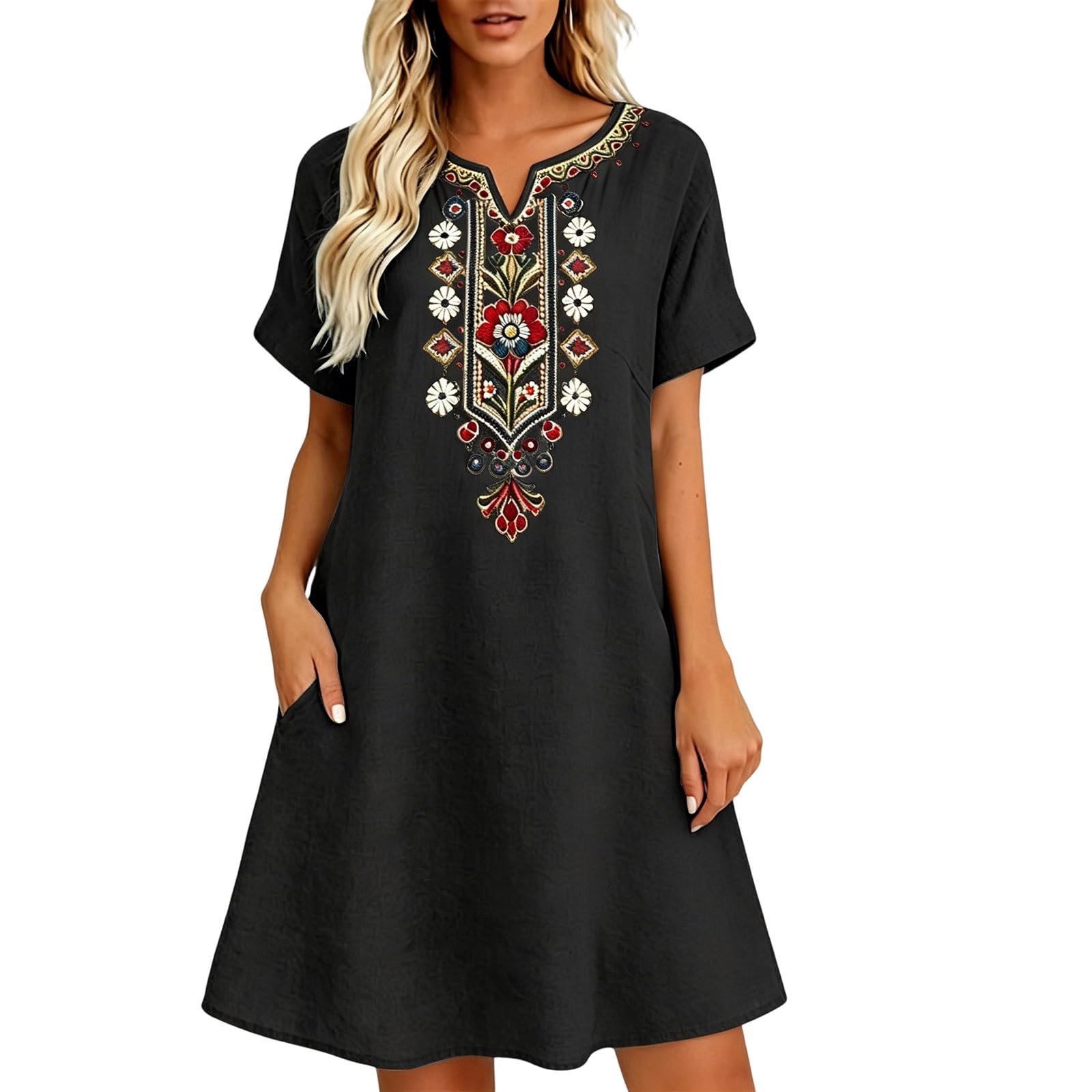 Vevpewshi Women's #B-Black Summer Boho Linen Dresses For Uk 2026 V Neck Short Sleeve Casual Dress Beach Midi-Length Vacation Dresses With Pockets Sundress For Party