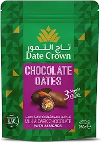 Tâmaras sem Caroços Cobertas com Chocolate ao Leite & Meio Amargo Recheadas com Amêndoas - Date Crown Importadas dos Emirados Árabes Unidos - Doce ideal para presentear
