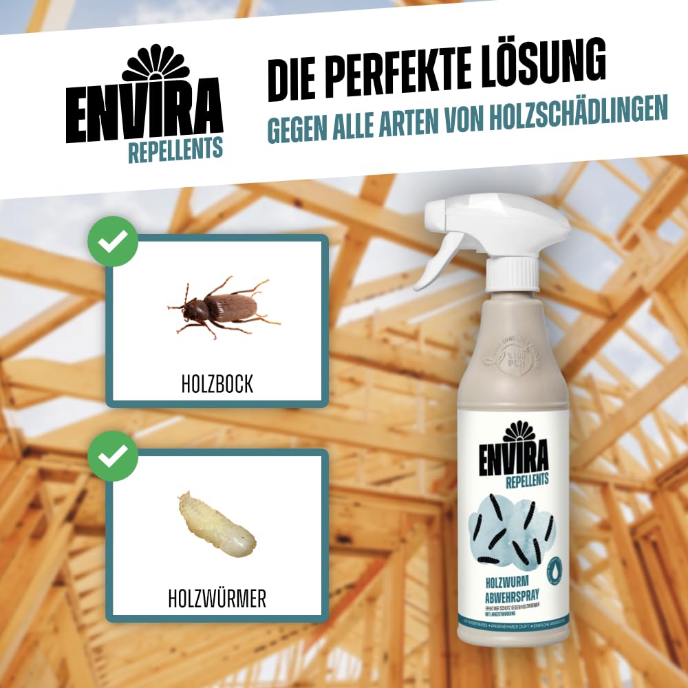 Envira Holzwurm Abwehrspray 5 Liter + 2L Sprüher - Spray mit Langzeitwirkung gegen Holzbock & Holzwurm - Mittel gegen Holzwürmer für innen - Effektives Holzwurmmittel & Holzwurmschutz