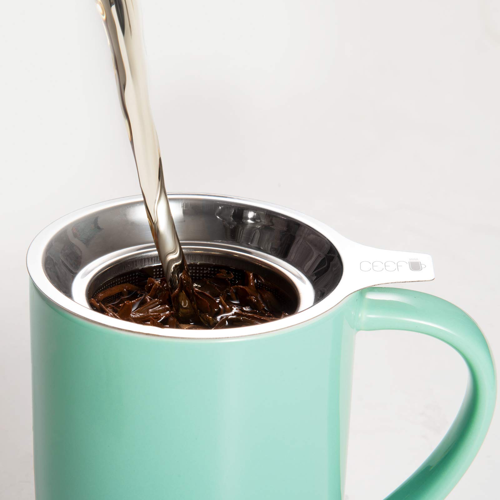 CEEFU Tasse à thé en porcelaine avec infuseur et couvercle, avec filtre et dessous de verre, tasse à thé en vrac, 473 ml, pour thé, café, lait, femme, bureau, maison, cadeau (Vert menthe)