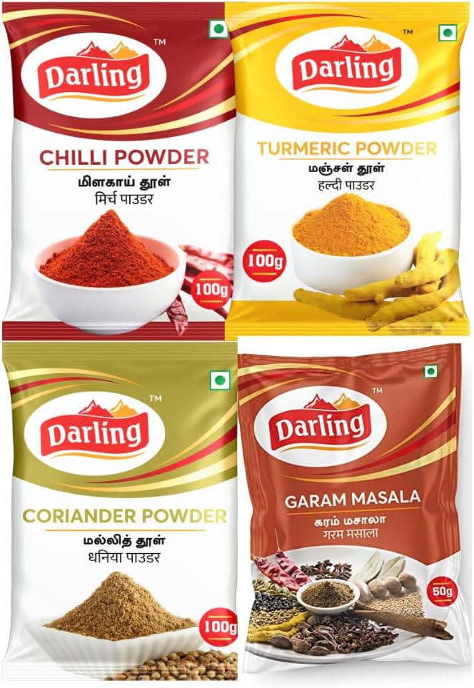Darling Masala Combo - Chilli Powder 200g (Pack of 2, 100g) + Turmeric Powder 200g (Pack of 2, Each 100g) + Coriander Powder 200g (Pack of 2, Each 100g) + Garam Masala 50g