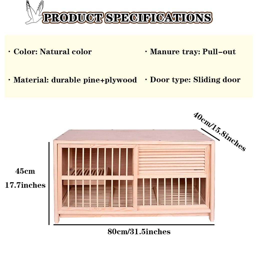 Jaula para Palomas con Bandeja para Huevos, Puerta Corrediza, Pajarera con Media Contraventana, Bandeja Extraíble para Heces, Caja De Cría De Pino para Pájaros.(Natural*1,80cm)