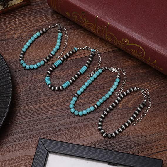 Caiyao 4PCS Navajo Pearl and Turquoise Bracelet Set Bohemian Style Layered Bracelet Set Western Cowgirl Vintage Jewelry-A2