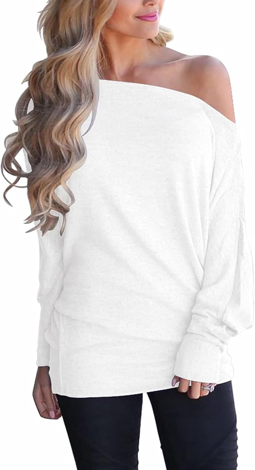 Mcnlyce Women's Off Shoulder Tops Long Sleeve Batwing Shirts Tunic Loose Oversized