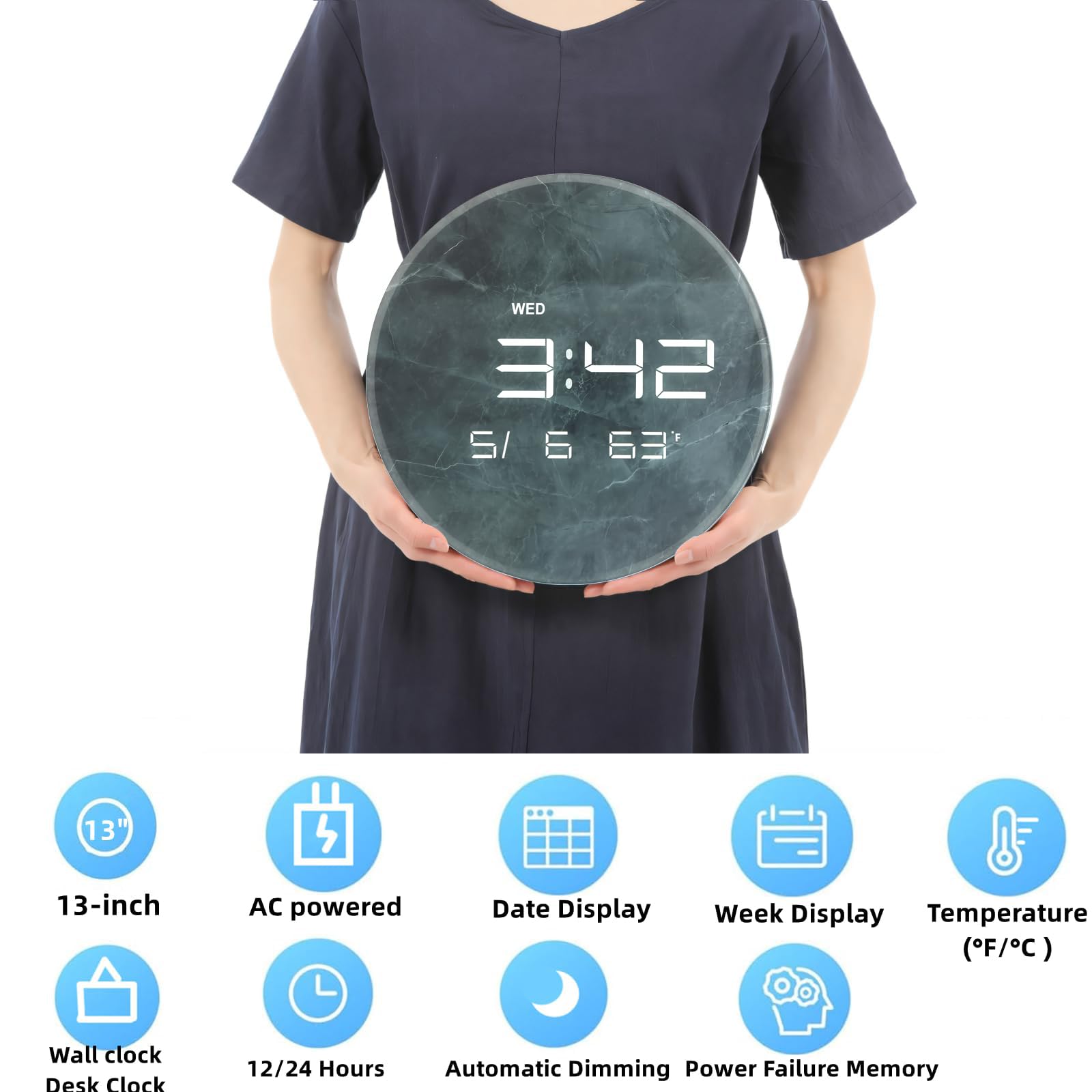 Nbdeal HUI-7855 Horloge murale numérique avec écran LED, calendrier et température de 13", gradation automatique, format 12/24 heures, utilisation murale et de bureau