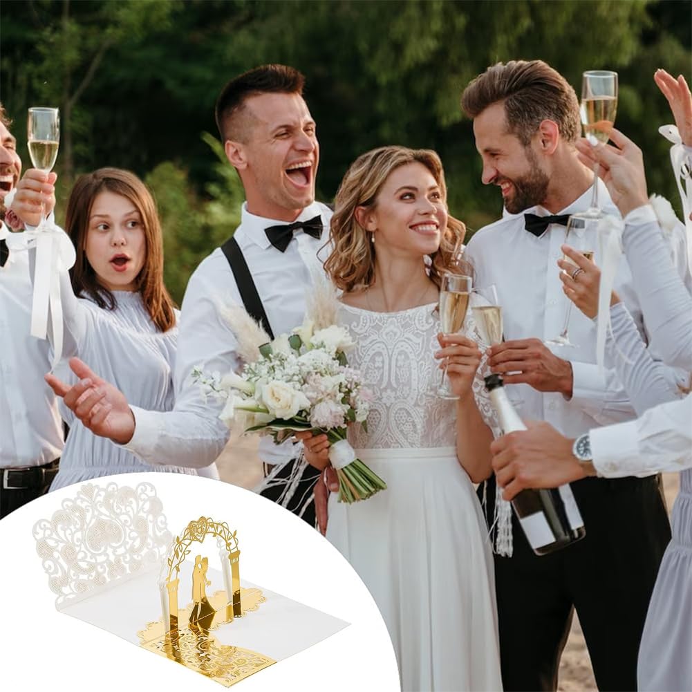 Carte De Mariage Pop-Up 3D Dorée Avec Enveloppe - Félicitations Romantique Pour Couple