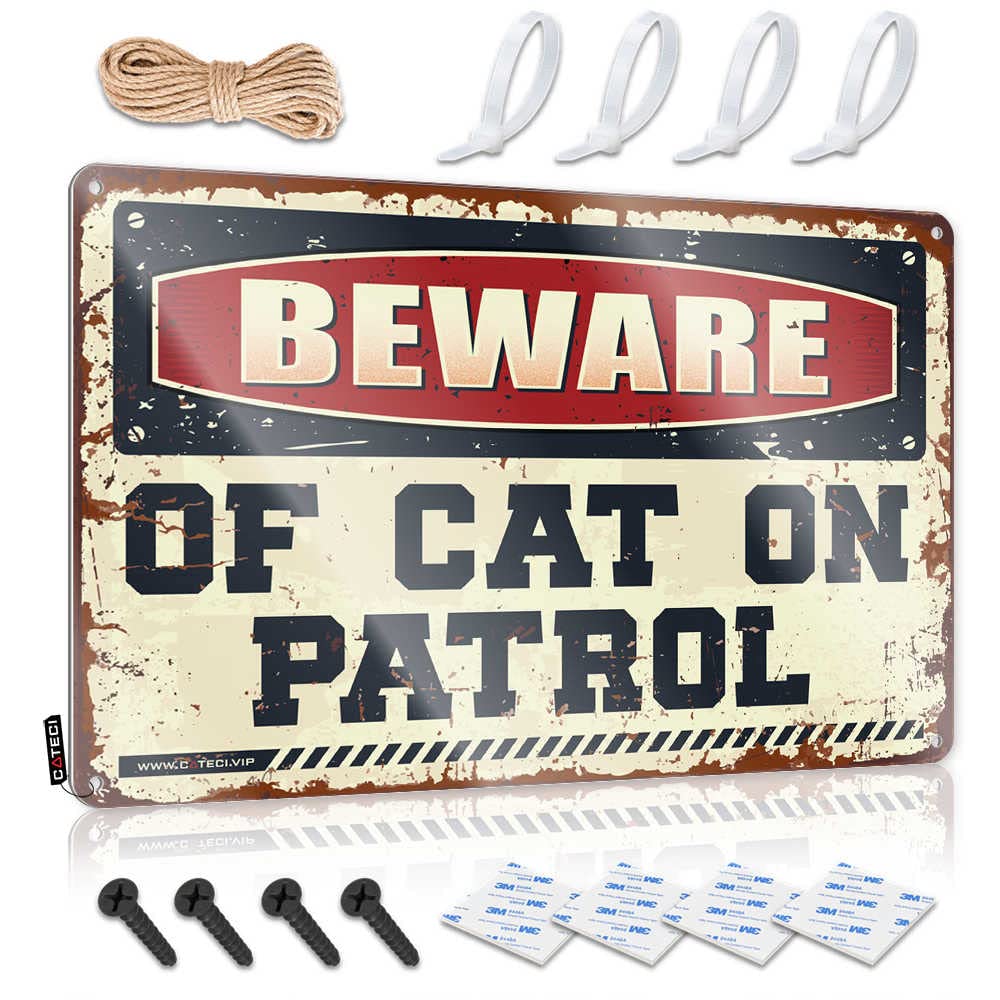 IBWNBBUSN Metal Signs Decor Beware Of Cat On Patrol Sign Funny Home Bar Signs Tin Decor(30X40CM)
