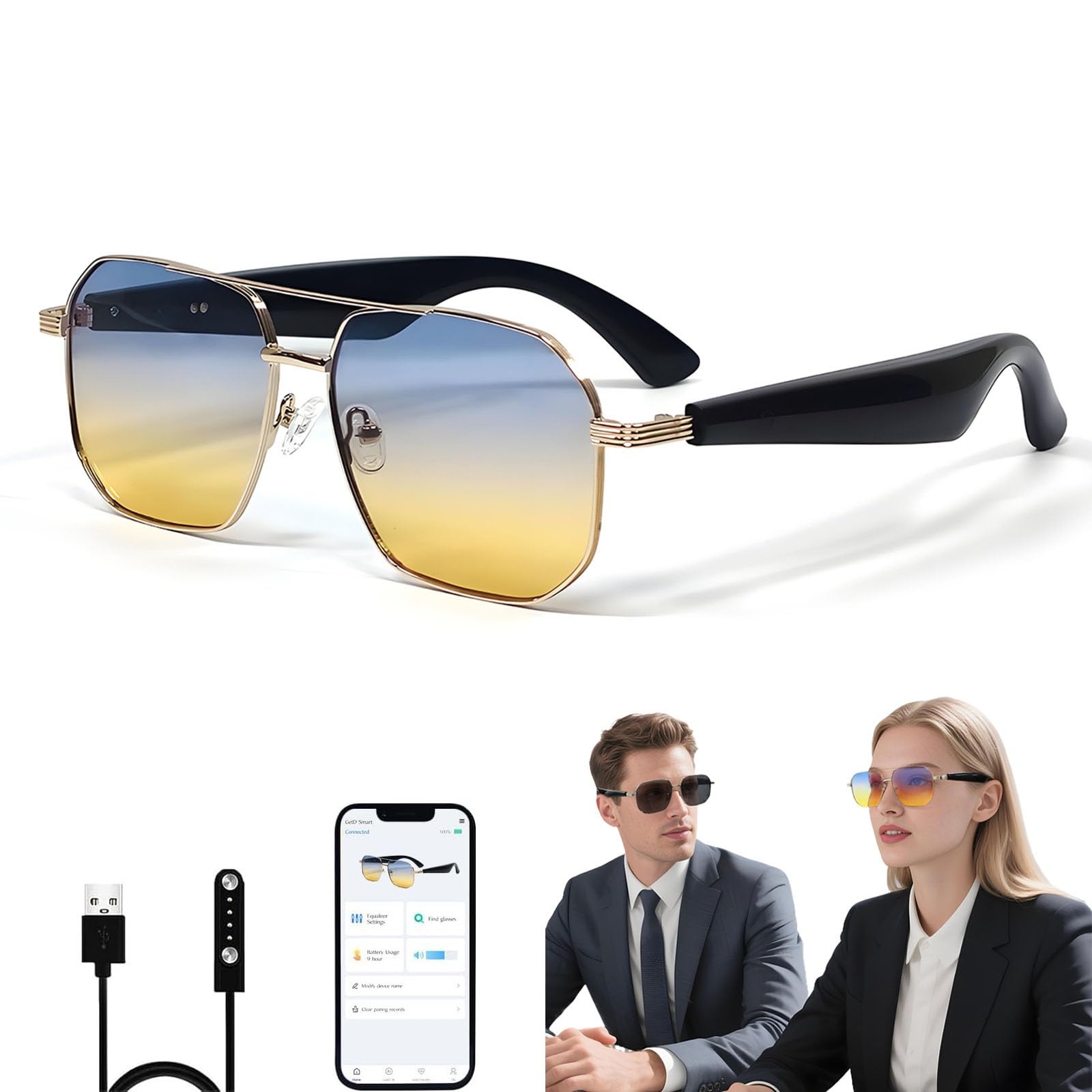 Lunettes Connectées Avec AI, Lunettes Musicales Bluetooth Avec Plus 100 Traductions, Verres Dégradés Anti-lumière Bleue, Lunettes Audio Avec Appels Mains Libres, Lunettes Casque(Blue)