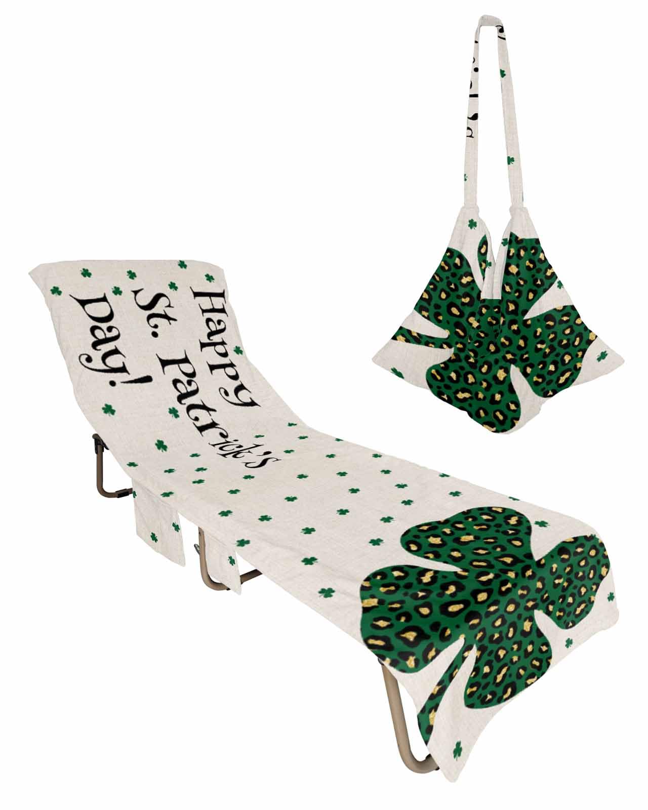 St. Patrick's Day Beach Chair Towel Covers for Chaise Lounge with Side Pocket, Soft Plush Pool Towels Cover for Patio Sunbathing Outdoor 29''x85'' Farmhouse Country Leopard Print