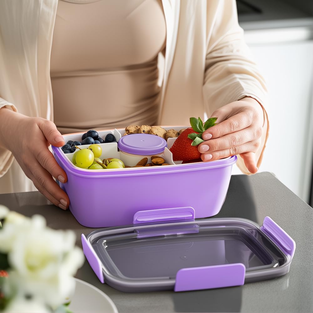 Bugucat Contenitore per il pranzo per adulti 2000ML 2 Set, Contenitore per il pranzo a prova di perdite Bento Box con scomparti per bambini, Contenitore per insalata con forchetta, Contenitore per la