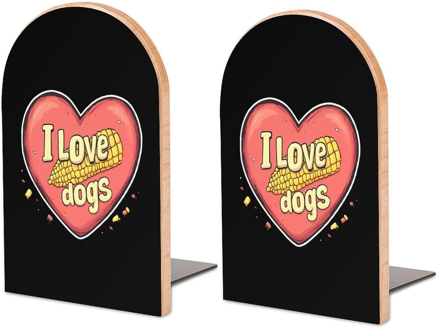 I Love Corn Dogs Cute Wood Book Ends Decorative Bookends 1 Pair Non-Skid for Shelves Home Office 7 X 5 Inch