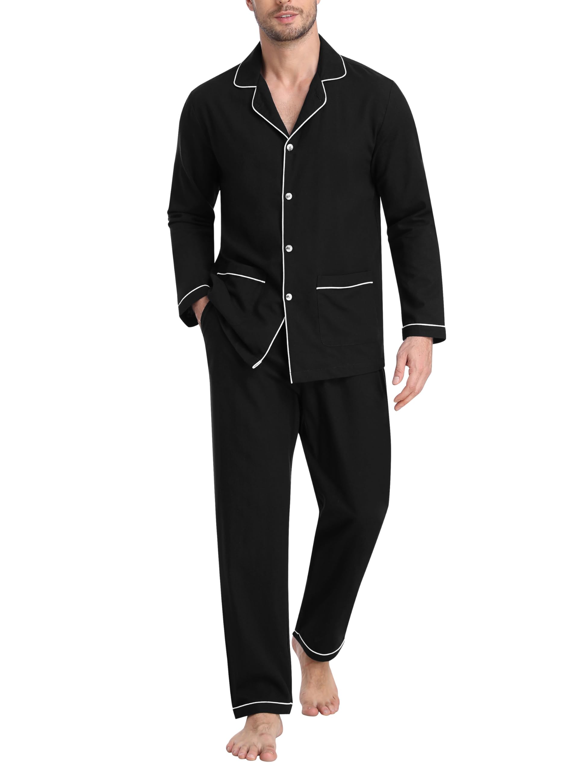 MoFiz Pigiama Uomo Cotone Lungo Invernale Pigiama da Notte con Bottoni Maniche Lunghe Pigiami Due Pezzi Camicia Pigiama e Pantaloni con Tasche Morbidi e Confortevoli