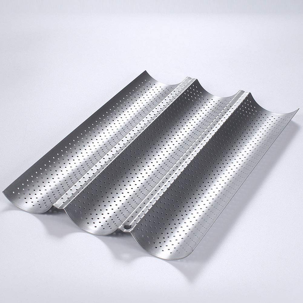 Baguette Baking Tray, Nonstick Wave Mould Fast and Evenly Heating, Perforated Baguette Kitchen Gourmet Making Pan, Baking Sheet, for French Bread, Stick Bread, Toast Maki(Silver 3 Baguettes-1Pcs)