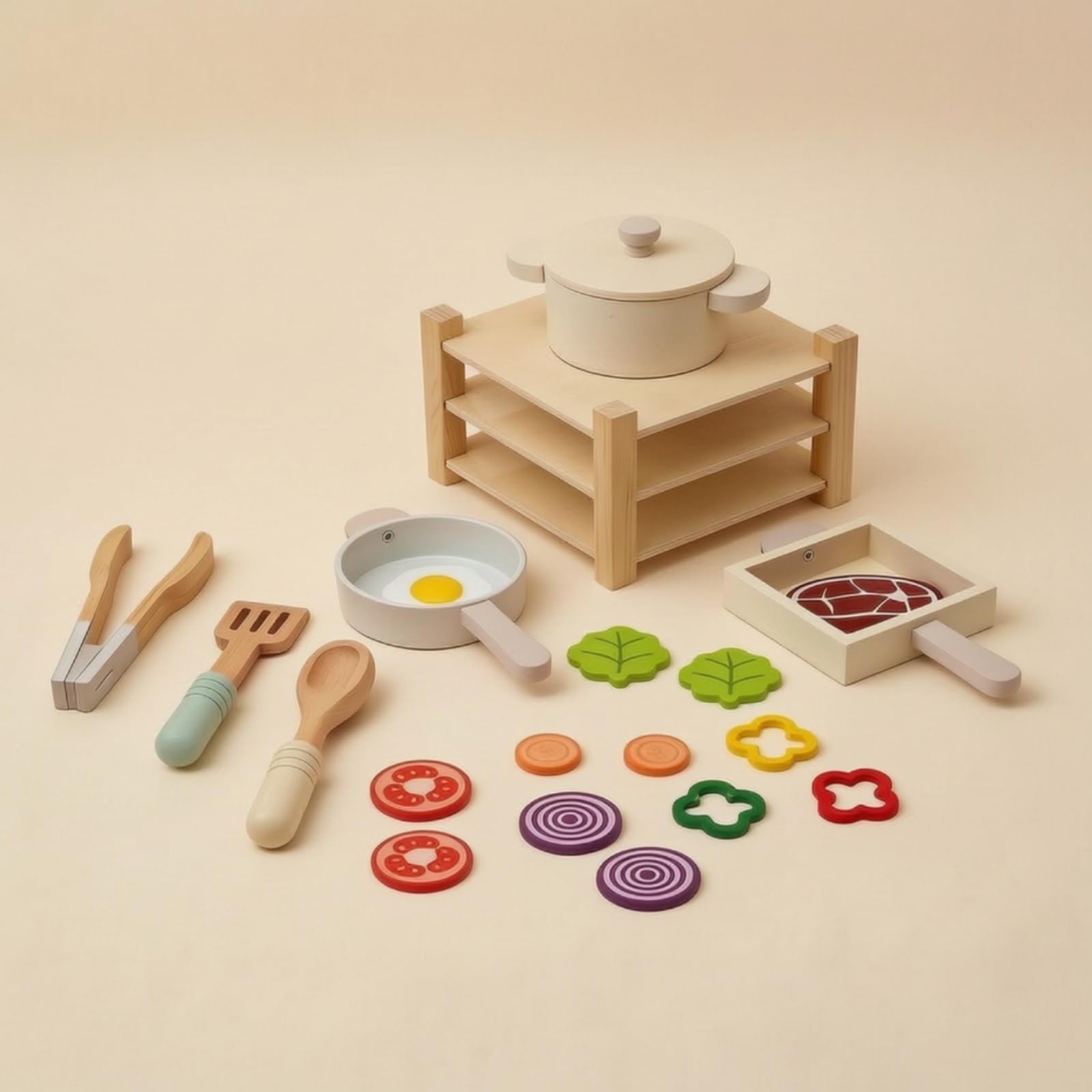 Dînette en Bois avec Étagère D'imitation Équipement Culinaire Cuisine en Bois Éducatif Ensemble Cuisine avec Casseroles et Poêles pour Enfants