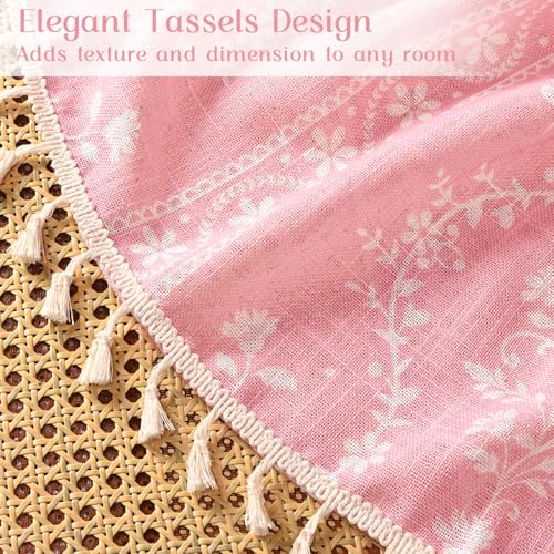 Image of Yinhua Boho Kitchen Curtains 36 Inch Length Vintage Linen Cafe Curtains Light Filtering Bohemian Floral Tier Rod Pocket Farmhouse Rustic Tassel Small Drapes with Tiebacks, 2 Panels, Pink