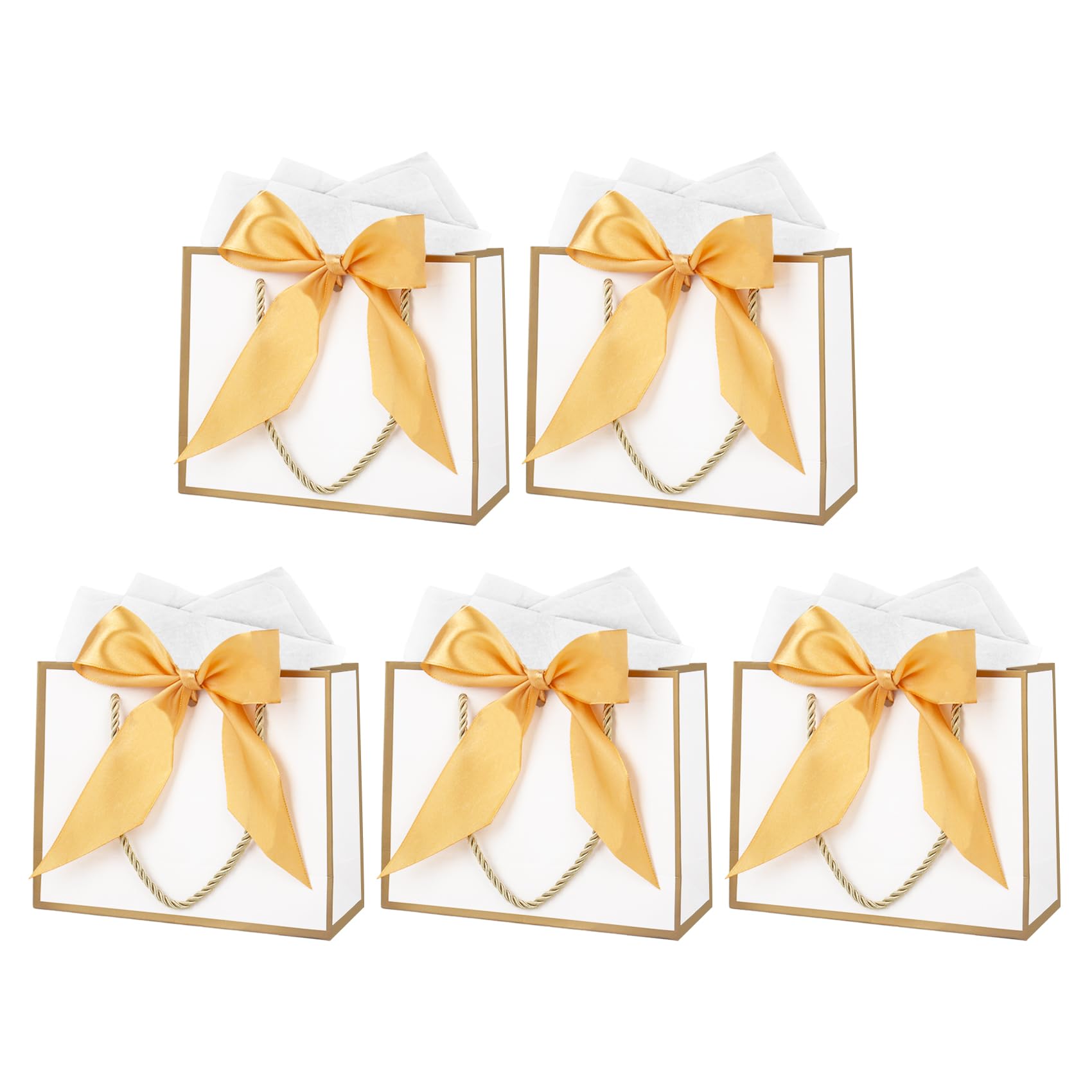 5 Pack Small Gift Bags with Tissue Paper, White Party Gift Bags with Handles for Wedding Birthday Baby Shower 19× 15× 7 cm(Gold) — image 1