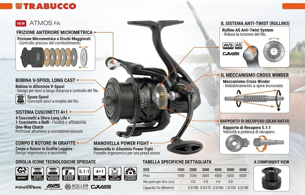 Trabucco ATMOS FA – Carrete de pesca con fricción delantera, cuerpo de grafito, bobina de aluminio V-Spool, 4 + 1 rodamientos de bola, antirretorno infinito (varios tamaños)