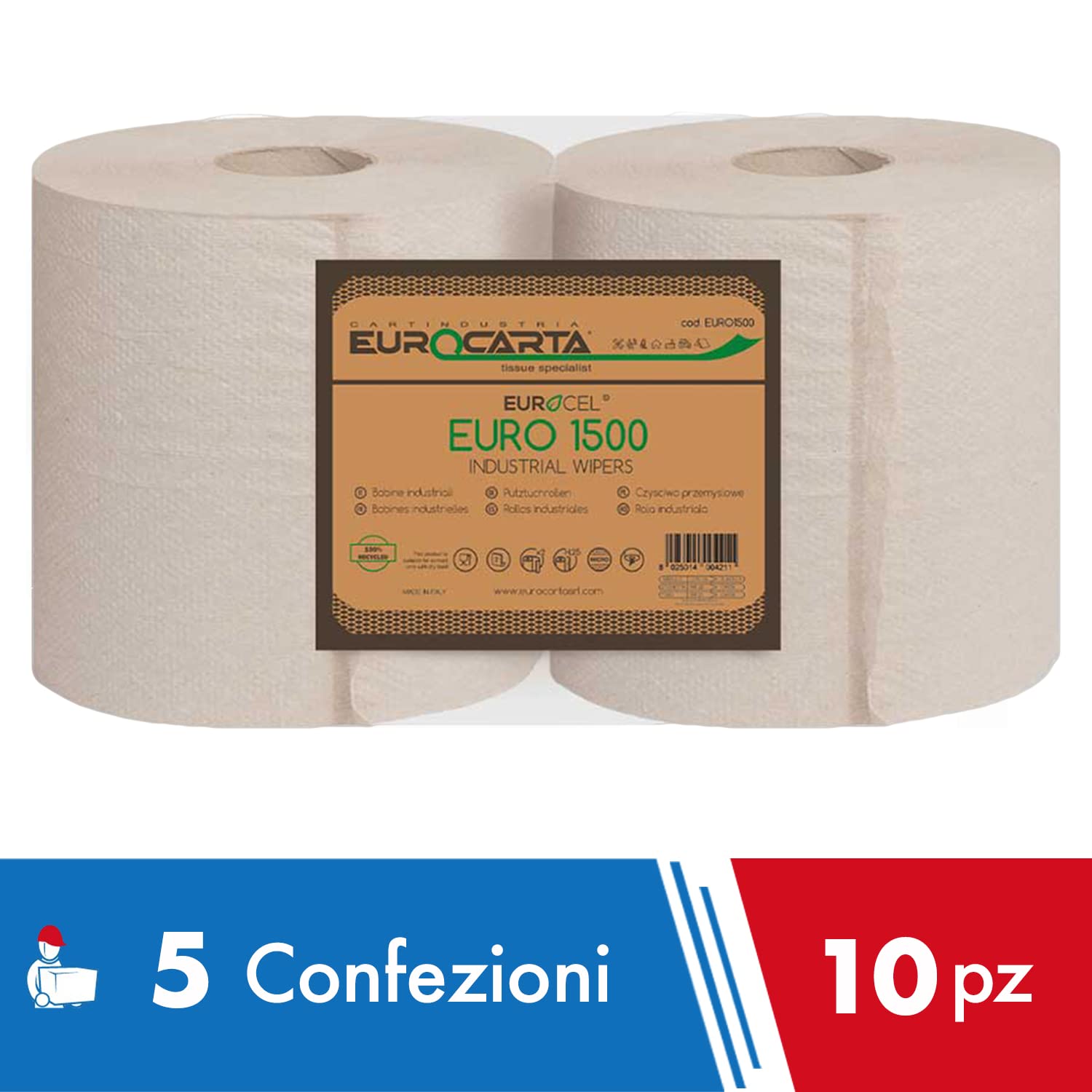 IMBALLAGGI 2000-10 Rotoloni Carta 100% Riciclata 10x800 Strappi, Bobine compatibili con dispenser Ideali per uso casalingo industriale e idonei al contatto alimentare, 10 Rotoli da 800 Strappi