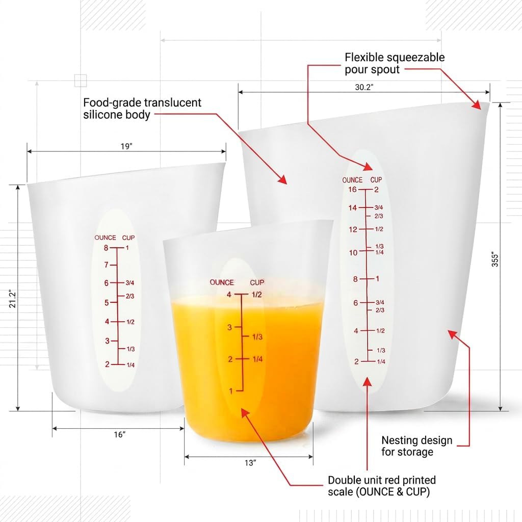 Silicone Measuring Cups for Melting Chocolate，Set of 3 (2-Cup, 1-Cup, 1/2-Cup) Flexible Squeeze and Pour Silicone Cups for Baking, Resin Mixing & Candy Making, Microwave Safe & BPA-Free