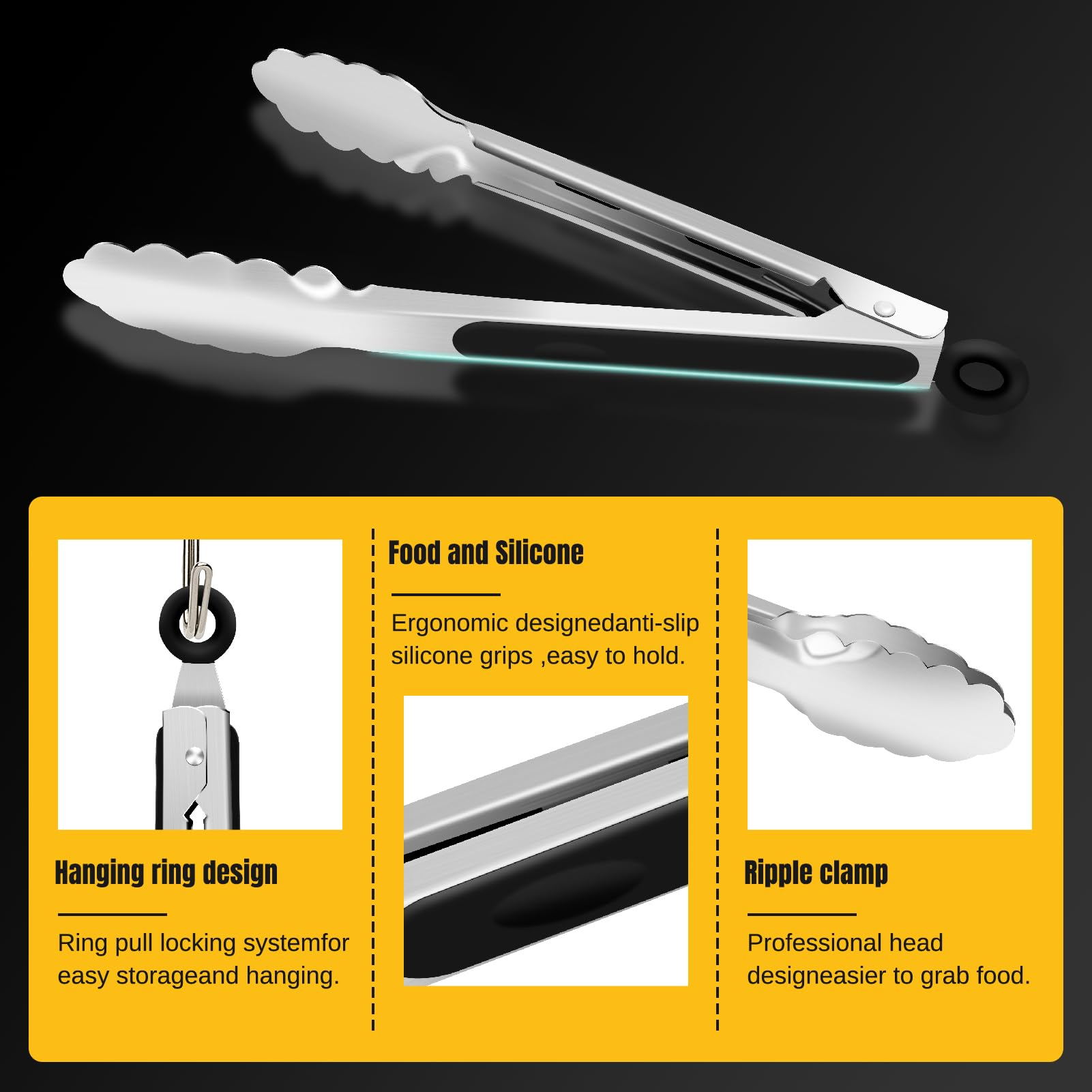Pinzas de cocina, pinzas de acero inoxidable, pinzas de mango antideslizantes, pinzas de cocina, utensilios aptos para lavavajillas, perfectas para alimentos, ensalada y barbacoa, juego de 2 3