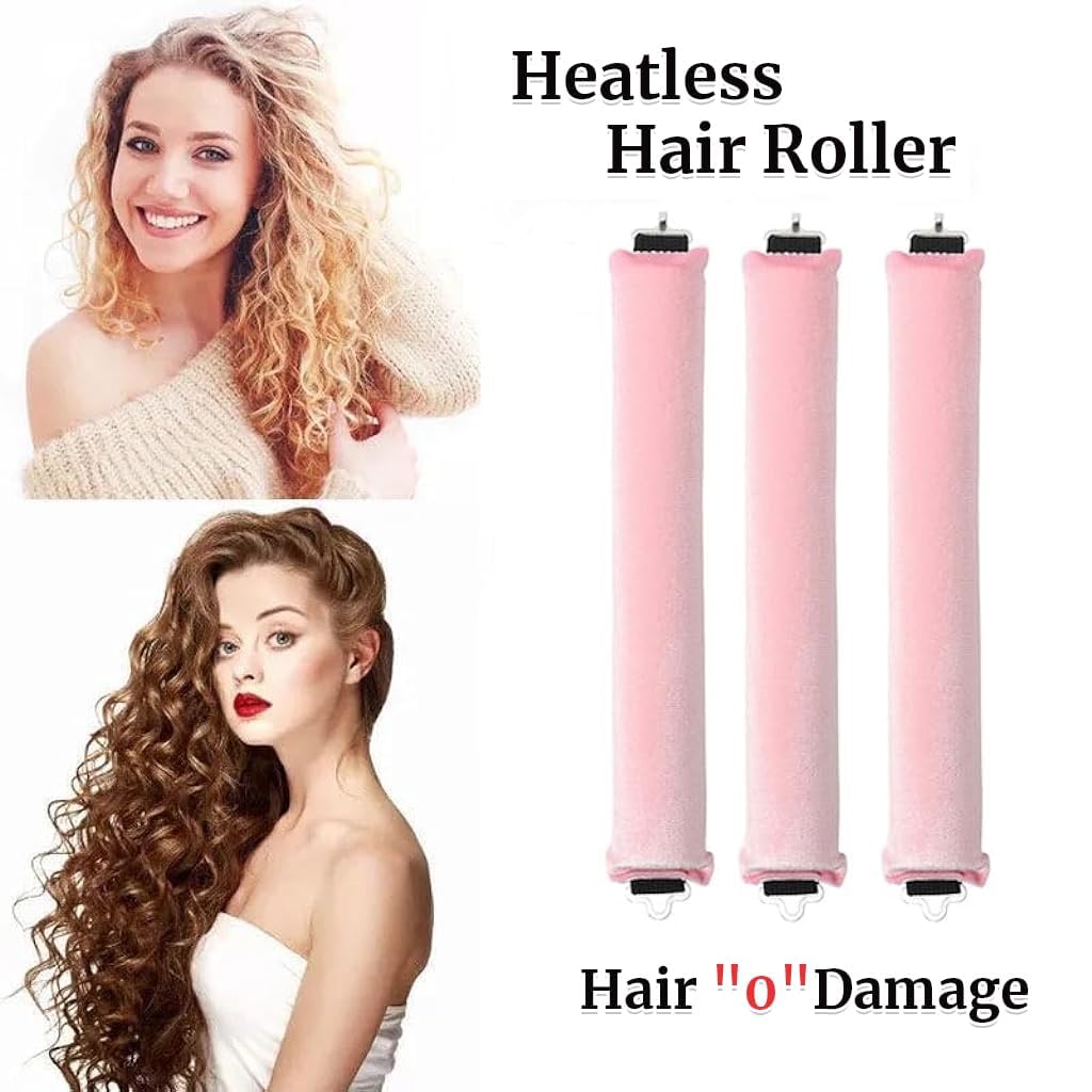 BALTHAZAR,Heatless Hair Curler, Flexible Curling Rod with Hook, Non-Damaging Hair Curling Strips, 3 Counts Brown Colour, Hair Curler with Hook, for All Hair Types, Overnight Curler for Beautiful Natural Wave Texture (PINK) 3