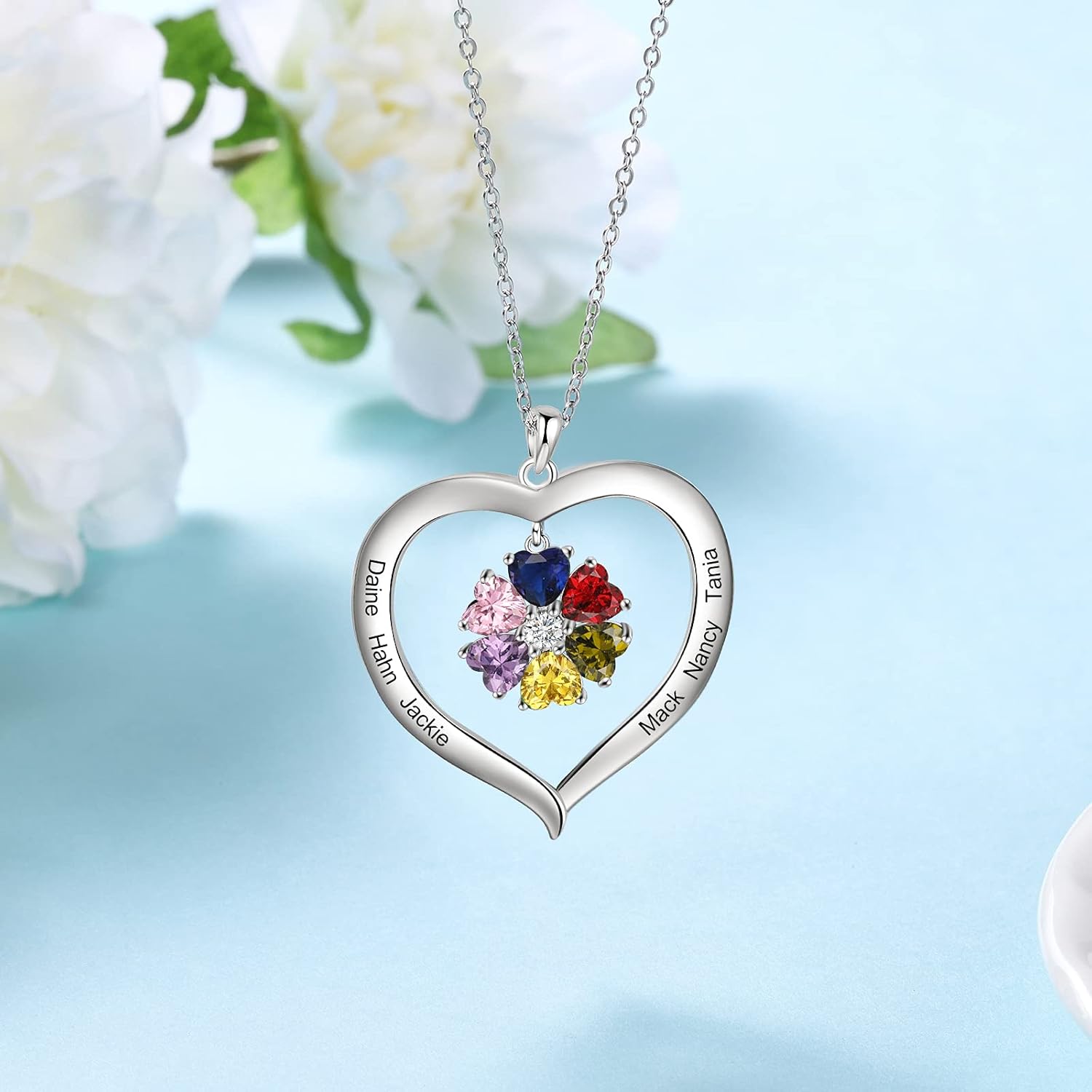 ALBERTBAND Personalized Birthstone Necklace for Women Mother Necklace Custom Name Necklace with Heart Pendant Family Jewelry Gifts for Mom Grandma Mother's Day Birthday Gift