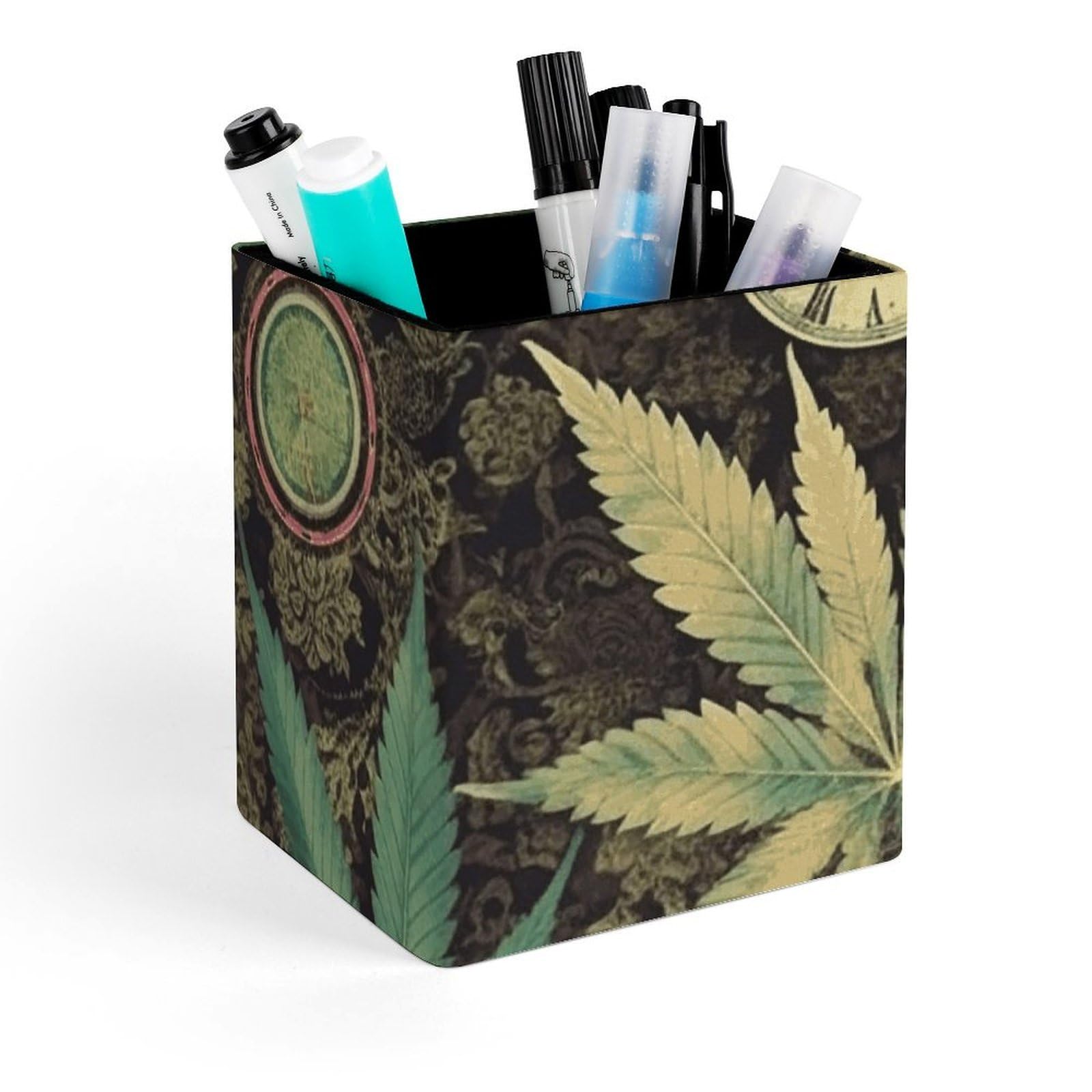 FekiLoot A Puff in Time Weed Marijuana Pencil Holder Square Leather Pen Holder Cup Modern Multi-Functional Pencil Cup Holder Decorative Desk Organizer Caddy Makeup Brush Holders for Desk Office