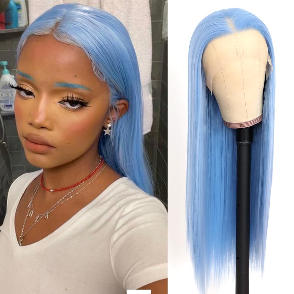 Aubree Sky Blue Synthetic Long Straight Hair 13x3 Lace Front Wig for Women Glueless Heat Resistant Wig for Daily Party Cosplay Wig Peluca Natural