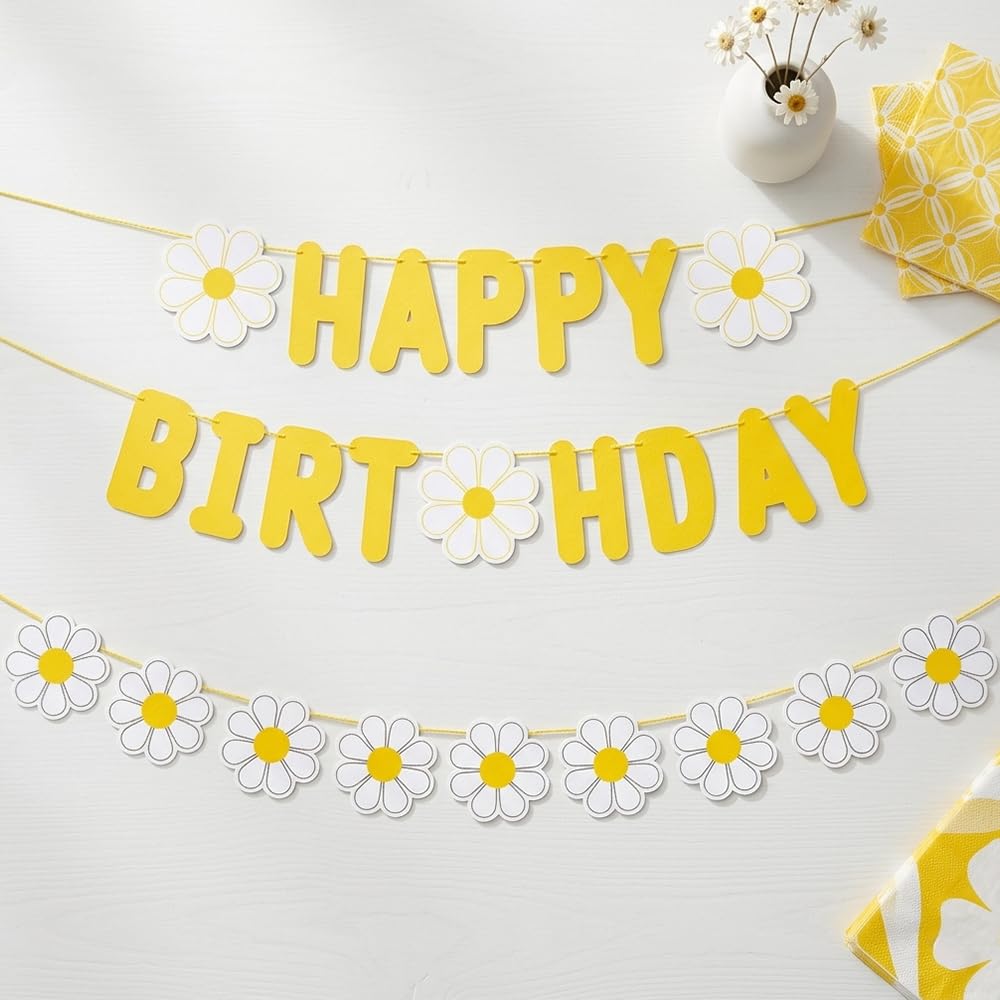 Daisy Theme Birthday Banner Set - 2 Piece Happy Birthday Banner with Garland for Adult Party Decorations, Yellow and White
