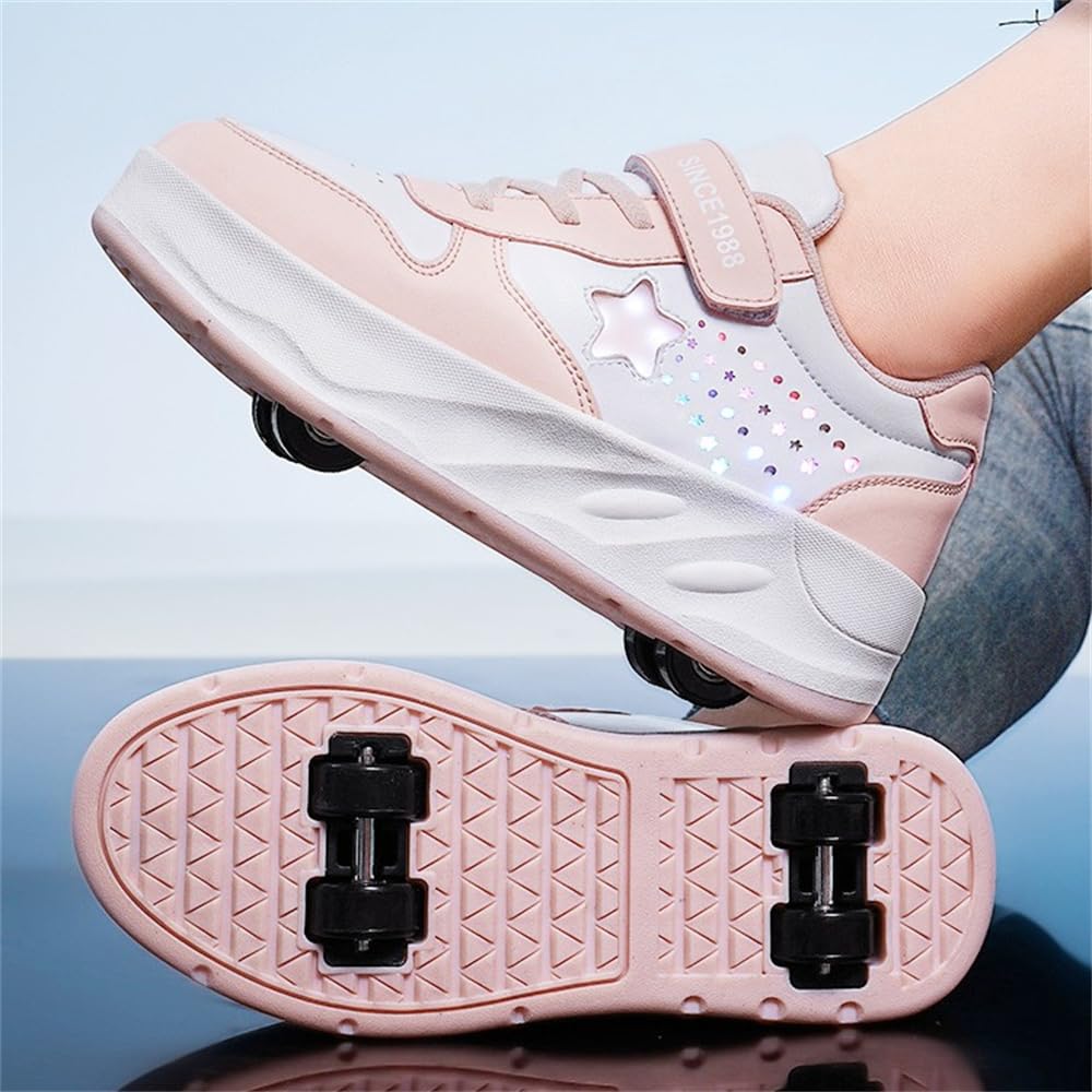 Mateju Zapatos con Ruedas para Niñas Niños, Patines con 4 Ruedas Retirable, Zapatillas de Skateboarding con Estrella Brillante, Zapatillas Deportivas al Aire Libre Multiusos