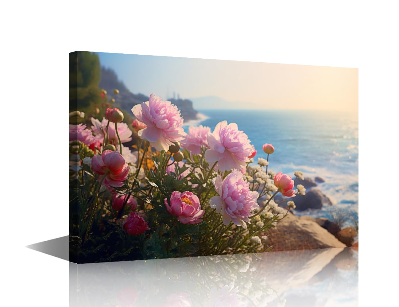 Wall Art for Living Room Natural Landscape Canvas Wall Art Pink Flowers that Grow on Cliffs Wall Art Coast Flower Posters & Prints 1 Panels Modern Artwork Ready to Hang for Bedroom Office 24"Wx36"H