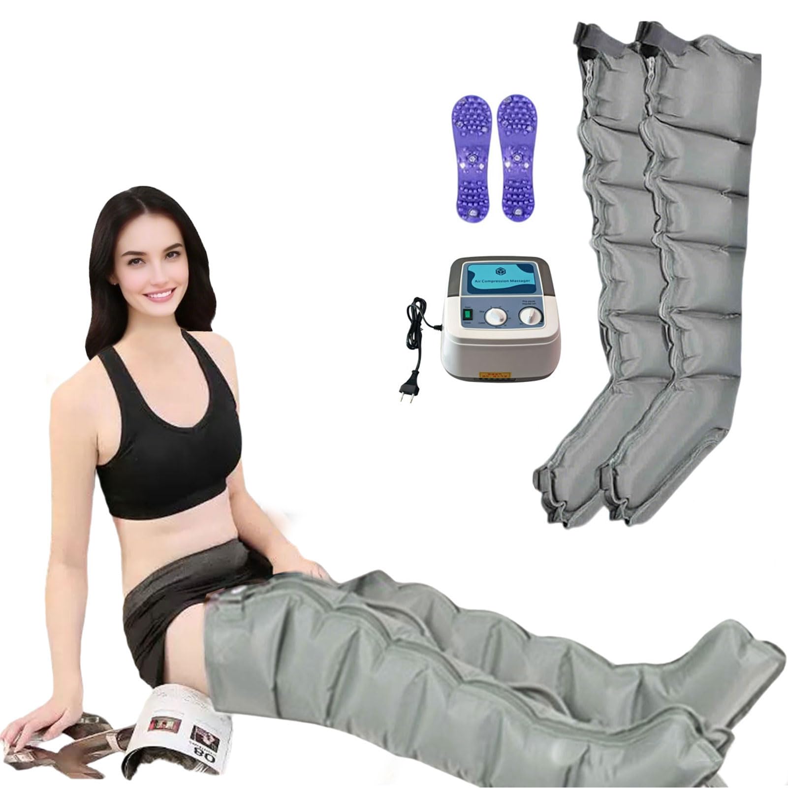 Pressoterapia per Casa per Gambe e Addome | Massaggiatore Elettrico a Compressione d'Aria | 6 Camere D'aria Pressoterapia Linfodrenaggio con Funzione di Cronometraggio (Grigio, 2 legs)