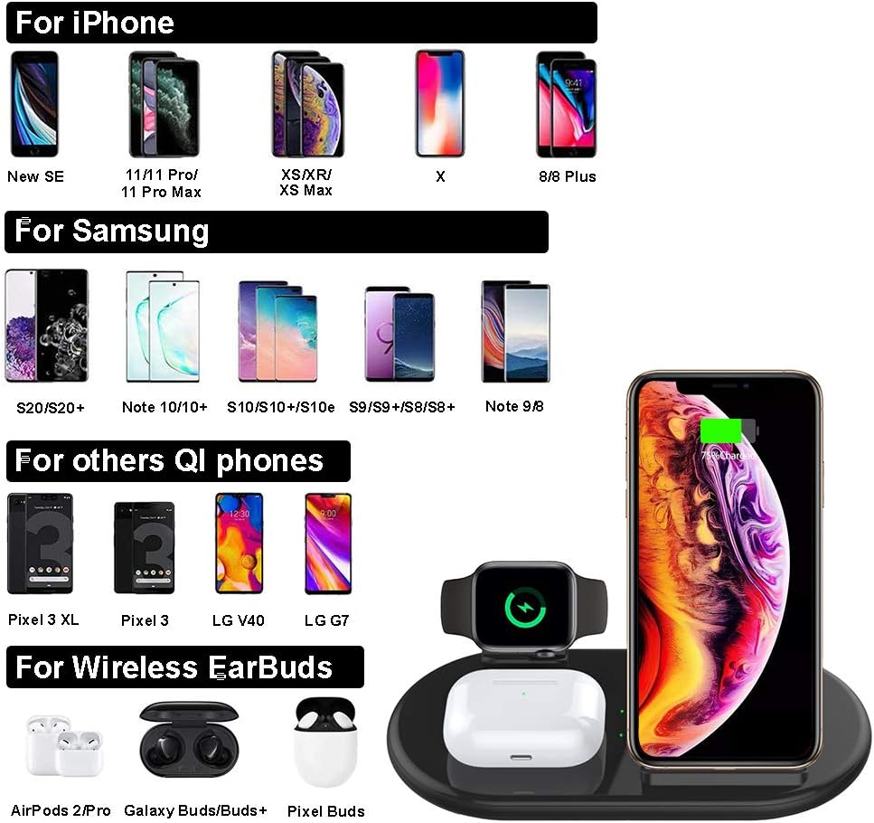Station de Charge sans Fil 4 en 1 Compatible avec iPhone Samsung AirPods  Pro Watch iWatch Support,Chargeur sans Fil pour AirPods, Watch iWatch  Titulaire 1 2 3 4 38mm 40mm 42mm 44mm (