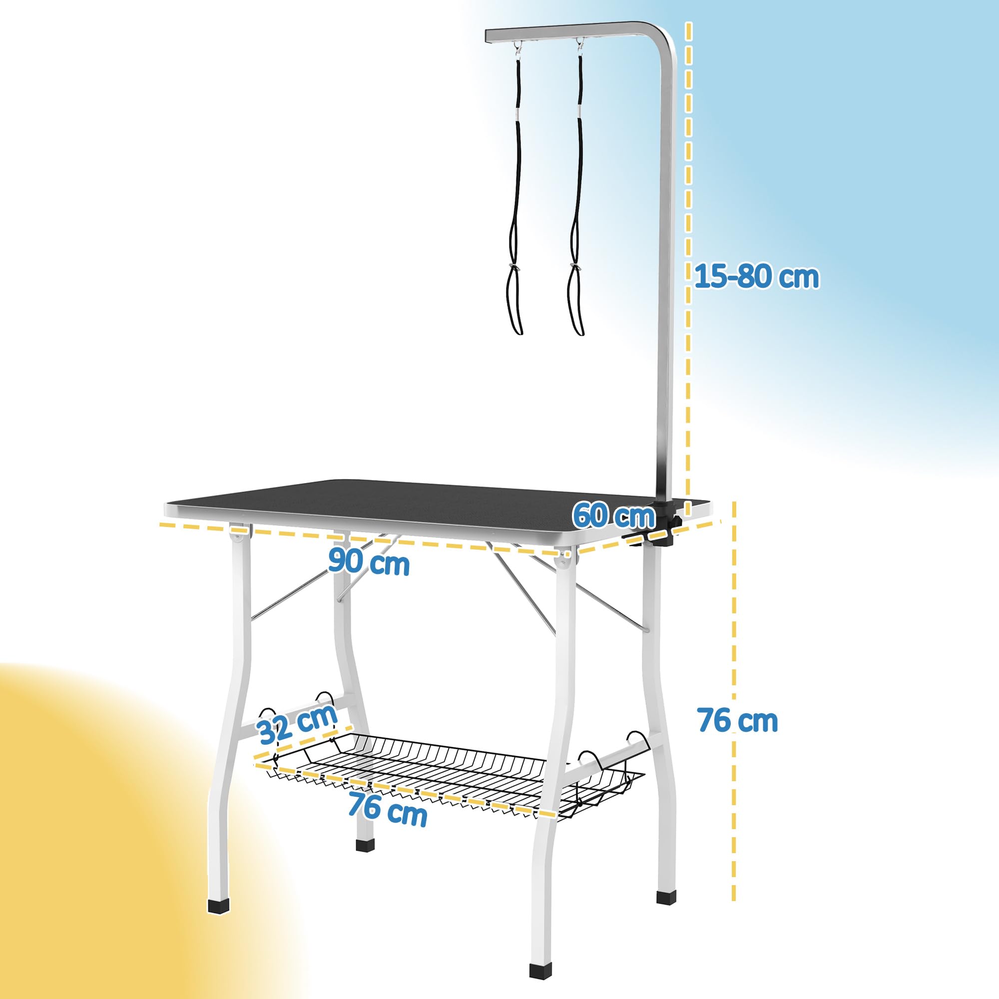 PawHut Table de toilettage pour Chien Pliante 90x60x76cm, Stable - Plateau antidérapant Caoutchouc, 2 Sangles - Potence réglable INOX et Panier - Station d'entretien pour Petits/Moyens Chiens, Noir