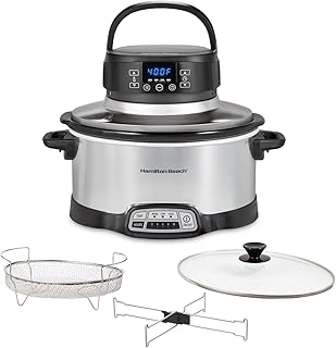 Hamilton Beach 6 Quart Programmable Slow Cooker With Flexible Easy Programming, 5 Cooking Times, Air Fry Lid with 4 Settings, Dishwasher-Safe Crock, Silver (33061)