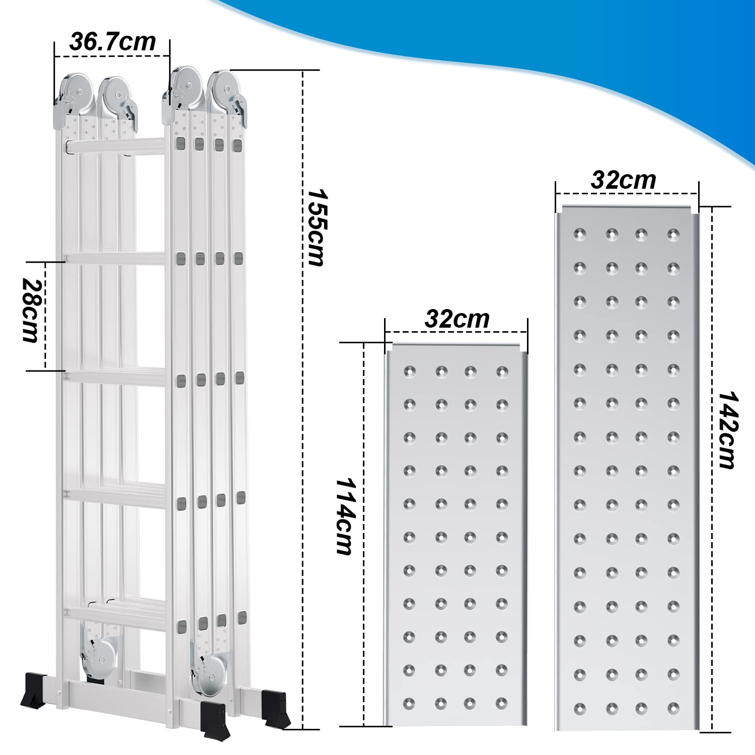 Échelle multifonction en aluminium de 5,8 m - 4 x 5 marches - Échelle multifonction avec plateforme - Échelle avec 2 plaques d'échafaudage - Jusqu'à 150 kg - Échelle pliante 20 marches