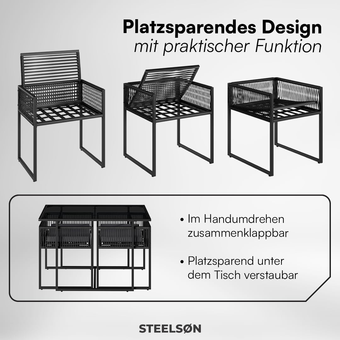 STEELSØN Kynaris Essgruppe 3-teilig schwarz – Balkonset mit 2 Stühlen und Tisch – Gartengarnitur wetterfest – Rattan Sitzgruppe mit klappbaren Stühlen – Terrassenmöbel Set mit Glasplatte & Sitzkissen