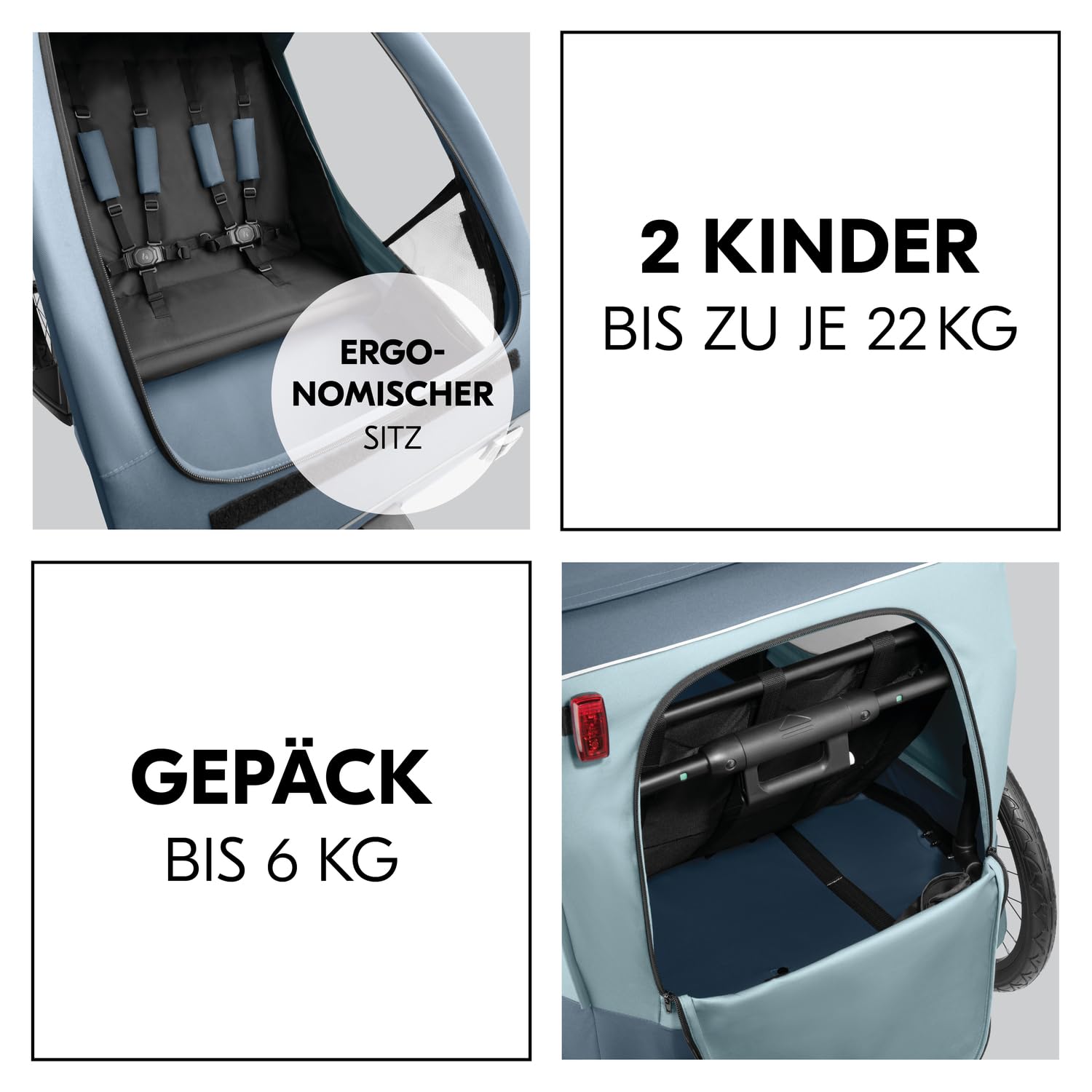 hauck Fahrradanhänger & Kinderwagen Set Dryk Duo Plus für 2 Kinder (6-48 Monate), inkl. Regenschutz, Sonnensegel, Deichsel, Buggyrad, Fahne und LED Licht