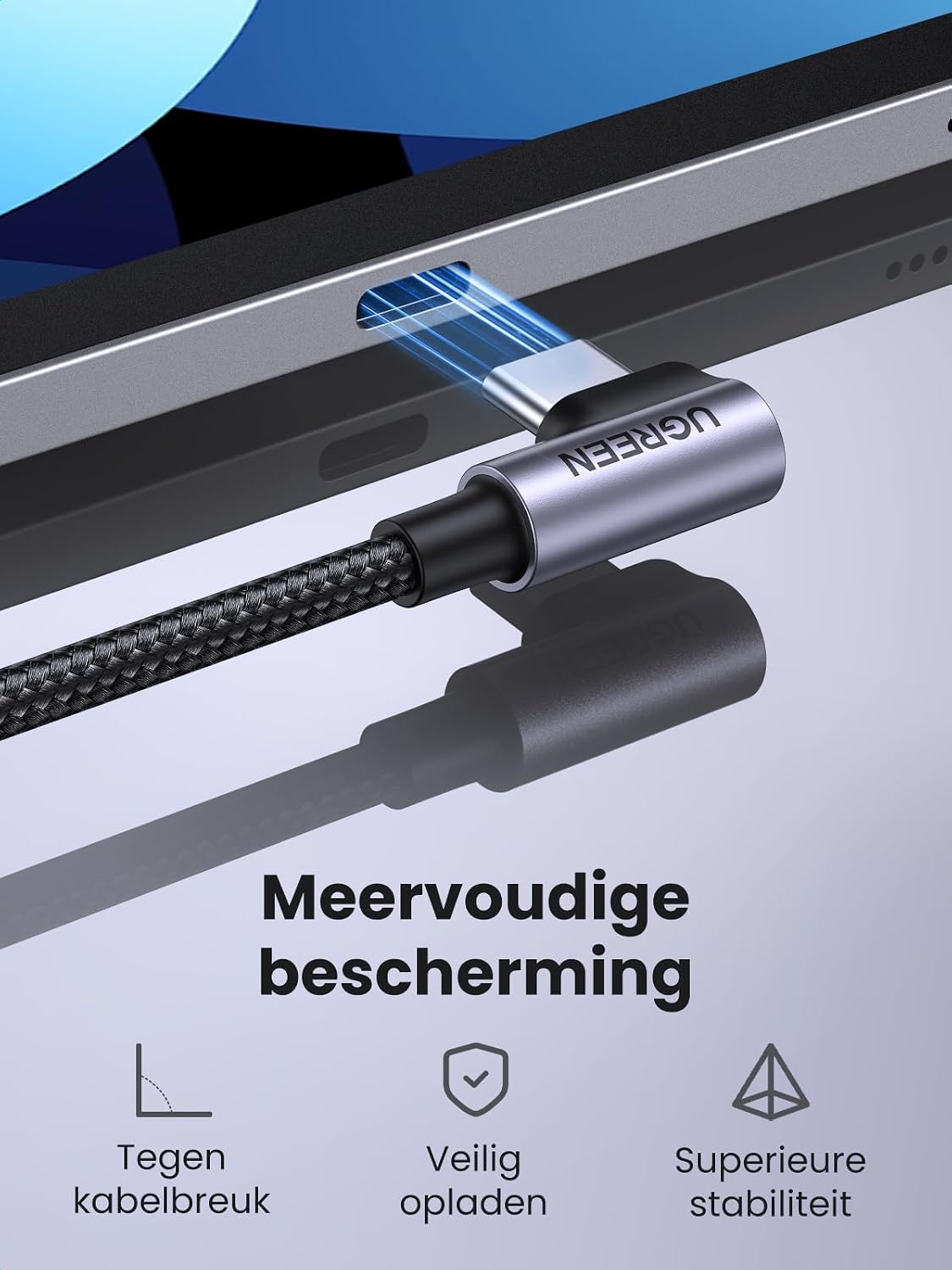 Close-up of UGREEN USB C cable showing internal structure with multiple shields and a braided exterior, highlighting durability and safety features.