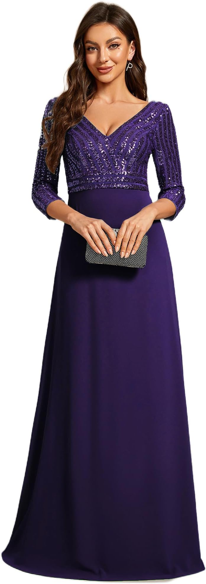 Ever-Pretty Women's Elegant Formal Dress V-Neck Long Sleeve Sequin Maxi Chiffon Evening Dresses 00751