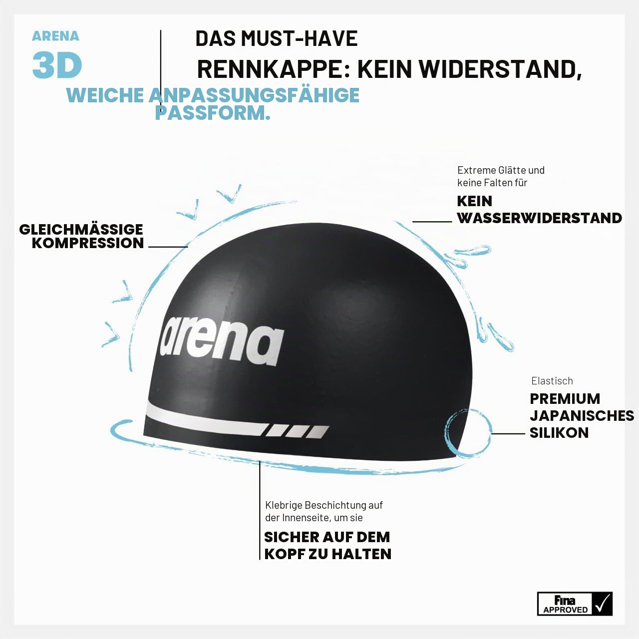 ARENA Weiche 3D-Silikon-Badekappe für Damen und Herren, für Erwachsene, Schwimmtraining, Wettkampfschwimmen