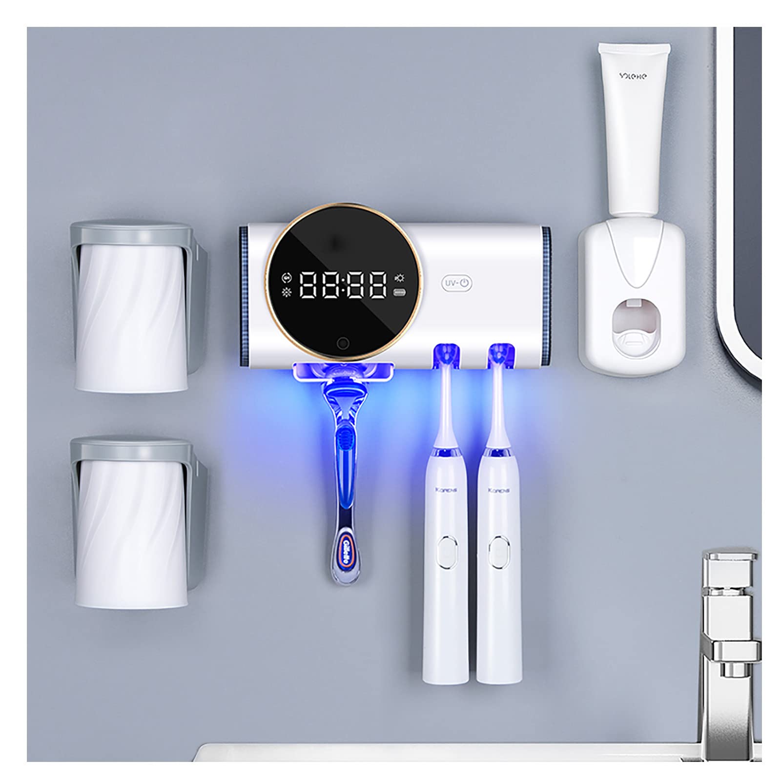 Porta Cepillo de Dientes, Soporte Cepillo de Dientes con Afeitadora Función Esterilizador y Secado, LED Dispensador Pasta Dientes, Organizador Baño USB Recargable, Blanco